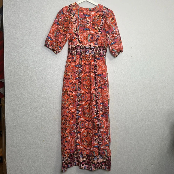 Anthropologie Floral Abstract Maxi Dress in Red Motif V Neck Boho Womens Size 2 - Picture 3 of 16